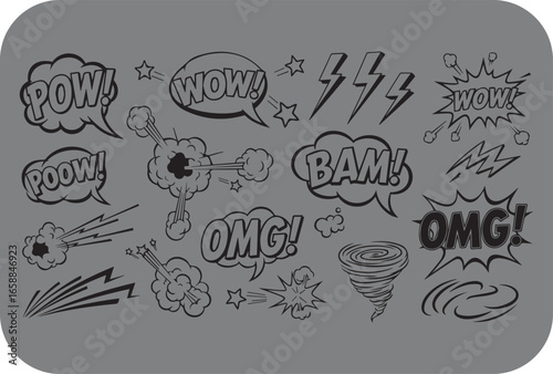 A collection of comic book style sound effect words and action bursts in black outline on a grey background with a rounded corner border