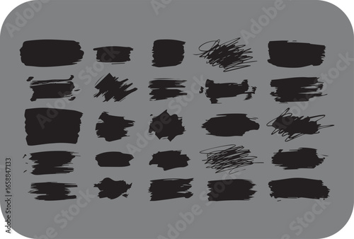 A collection of twenty four black ink brush strokes and scribbles on a grey background showcasing diverse textures and artistic styles for graphic design and creative projects