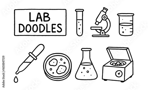 Hand drawn science doodles set: chemistry and biology lab equipment