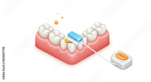 Teeth cleaning with a blue brush and yellow paste with a dispenser