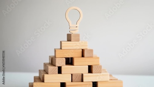 A wooden block pyramid is carefully constructed, culminating in a lightbulb idea at its peak
