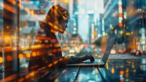 A woman working on a laptop at a desk in the evening, surrounded by bright city lights.