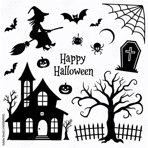 Halloween silhouette collection featuring witch flying over haunted house and spooky elements
