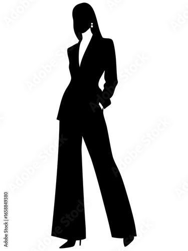 A black silhouette of a modern woman in a stylish pantsuit. This elegant and professional graphic is great for business, fashion, or corporate branding.