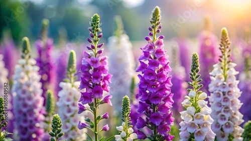 Purple and white foxglove flowers in a field isolated on white background