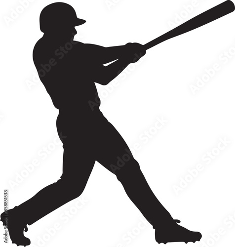 Black silhouette of a baseball player swinging a bat black and white sport