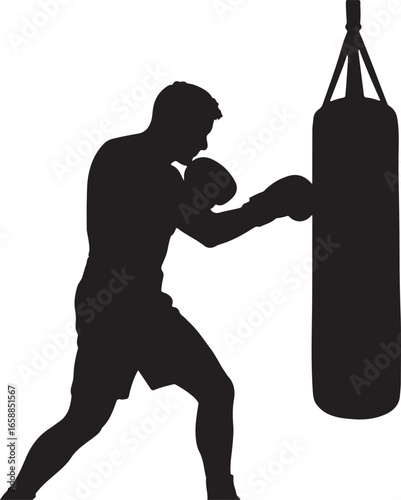 Black silhouette of a boxer punching a heavy bag boxing punching bag