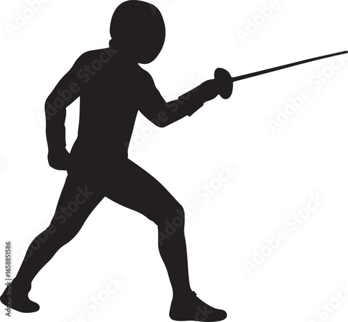 Black silhouette of a fencer in action holding a foil sword fencing sport