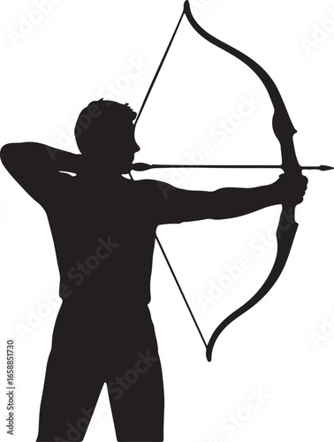Black silhouette of a person drawing a bow and arrow archery sport