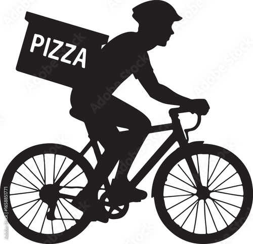 Black silhouette of a person riding a bicycle with a pizza delivery box rider black and white