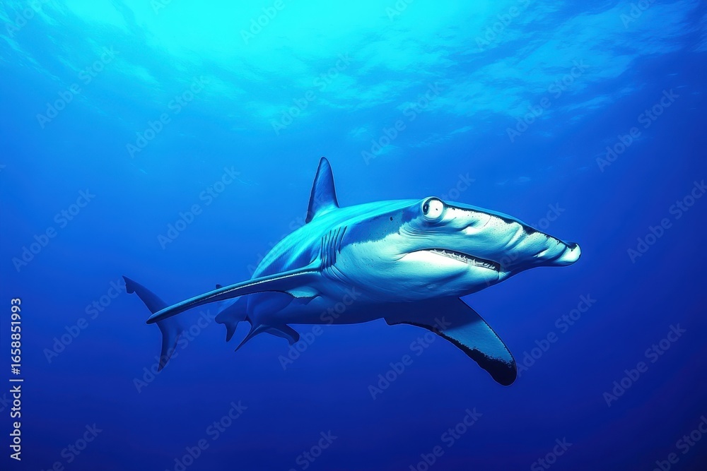 Fototapeta premium Great hammerhead shark in blue tropical waters.