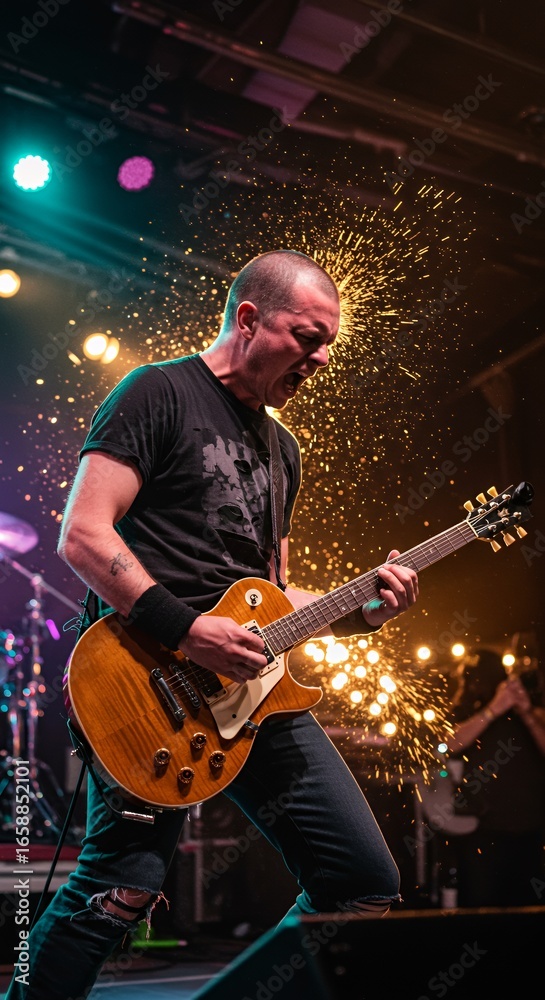 Fototapeta premium A guitarist passionately plays on stage amid light effects