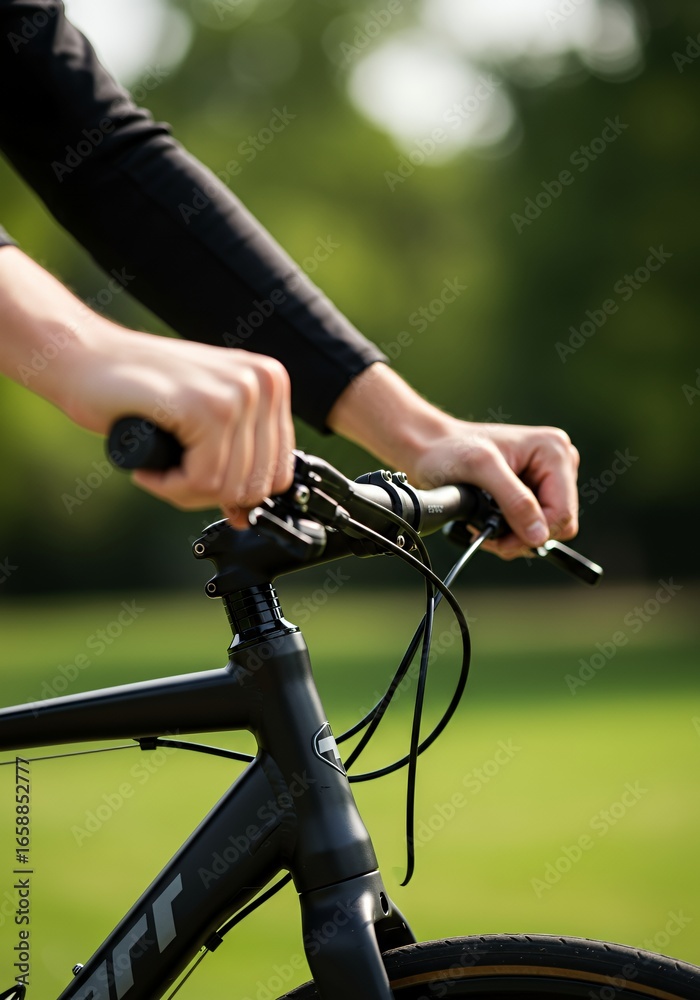 Fototapeta premium A person rides a black bicycle on green grass holding the handlebars with both hands