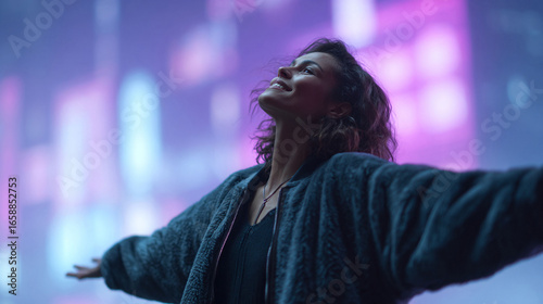 Woman bathed in ethereal light, arms outstretched, exudes joy and freedom. Concept aspiration, inspiration, hope, wellbeing, urban life. Suitable for lifestyle, travel, and inspirational content.