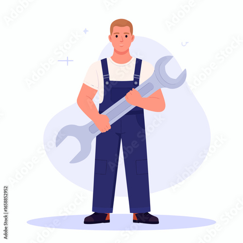 A cartoon male mechanic in blue overalls and a white t-shirt, standing and holding a giant wrench.