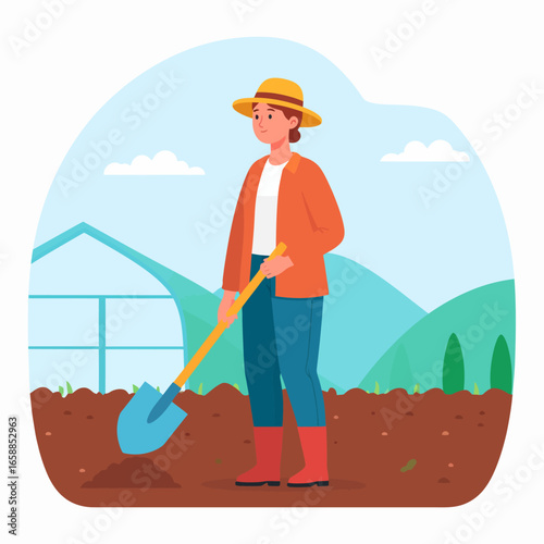 A female farmer character in a straw hat and orange jacket, standing with a blue shovel in tilled soil.