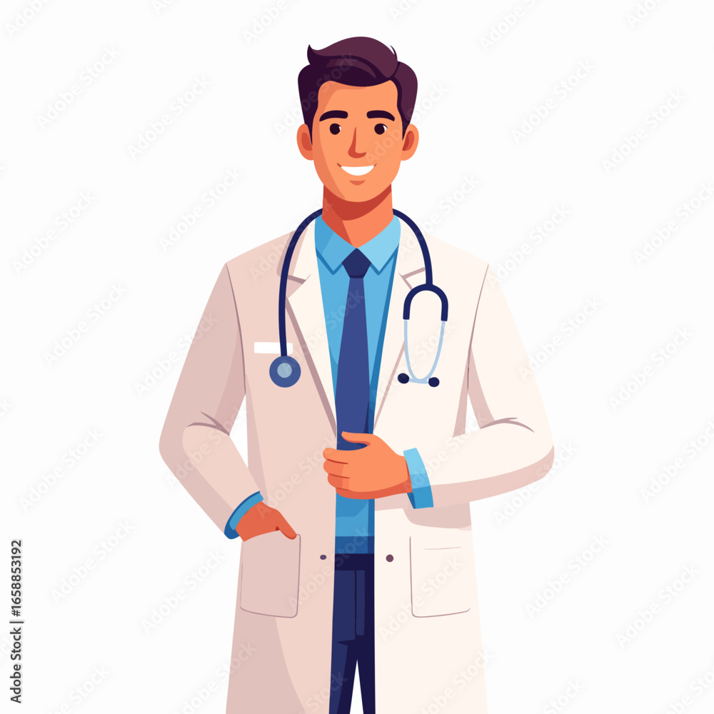 Professional Young Male Doctor in White Coat with Stethoscope Smiling Confidently. Professional Young Male Doctor in White Coat with Stethoscope Smiling Confidently.