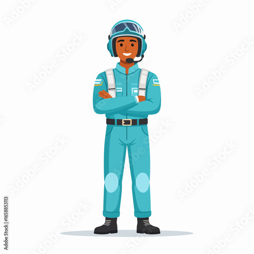 Confident cartoon male pilot or racer in a blue jumpsuit and helmet, smiling with arms crossed.