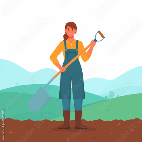 Cheerful female farmer in blue overalls and a yellow shirt, smiling while confidently holding a shovel.