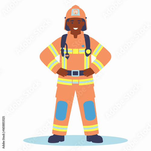 Confident African American firefighter paramedic in full orange protective gear with reflective stripes.
