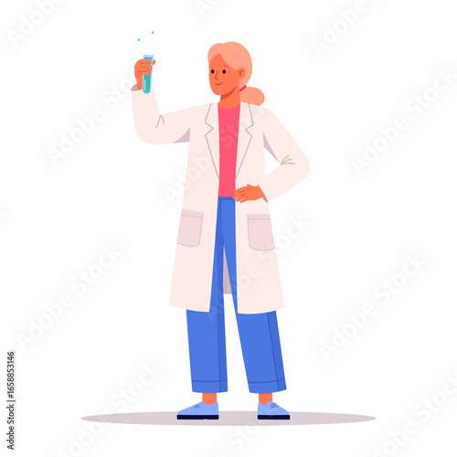 Illustrated female scientist in a white lab coat holding a bubbling blue test tube.