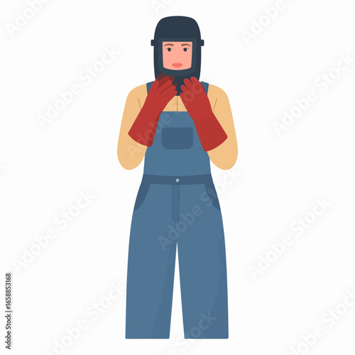 Illustrated female welder in blue overalls and red gloves adjusting her dark welding helmet.