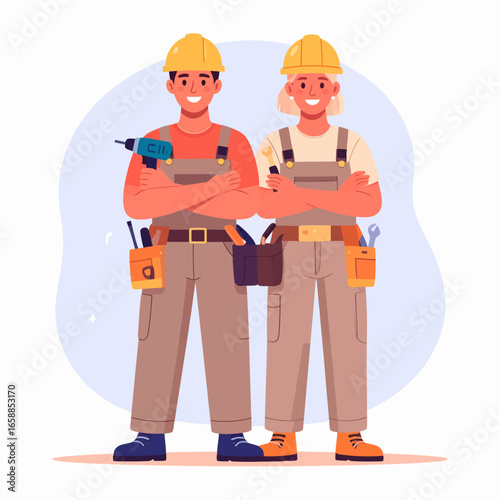 Professional male and female builders in uniform with power drill and tools, arms crossed.