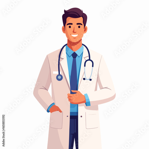 Professional Young Male Doctor in White Coat with Stethoscope Smiling Confidently.