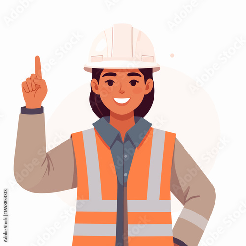 Smiling female engineer in a hard hat and orange safety vest pointing her index finger upwards.