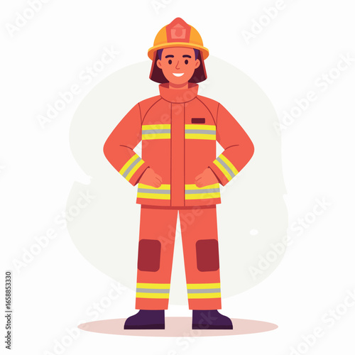 Smiling female firefighter in full orange protective gear and yellow helmet, posing confidently.