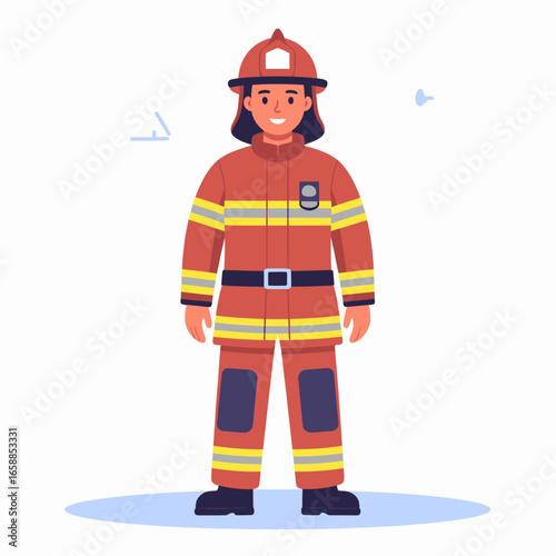 Smiling female firefighter character in full red protective uniform and helmet, standing in a frontal pose.