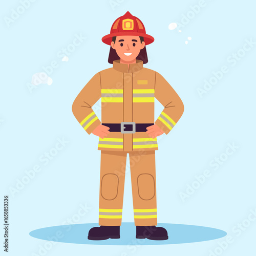 Smiling Female Firefighter in Tan Bunker Gear and Red Helmet, Standing with Hands on Hips.