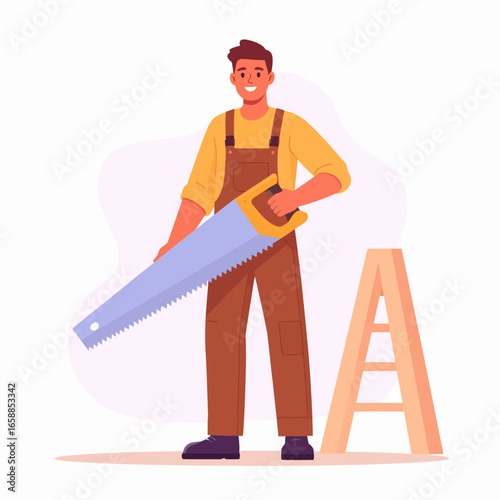 Smiling male carpenter in brown overalls and yellow shirt holding a large handsaw.