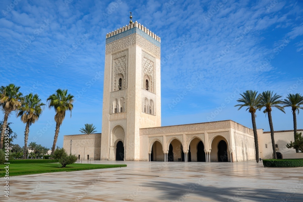 Fototapeta premium Islamic Moroccan mosque in Rabat - Mosque Hassan Tower Rabat - Islamic mosque - islam mosque architecture 