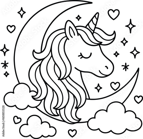 Unicorn elements drawing coloring page illustration line art,