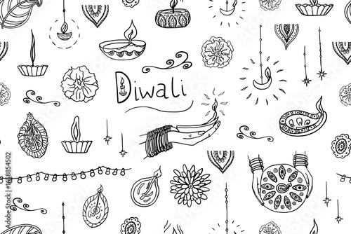 Seamless pattern of  objects and symbols from the Indian festival of Diwali. Flowers, lit candles, lit candles in hands, fire and lettering.	