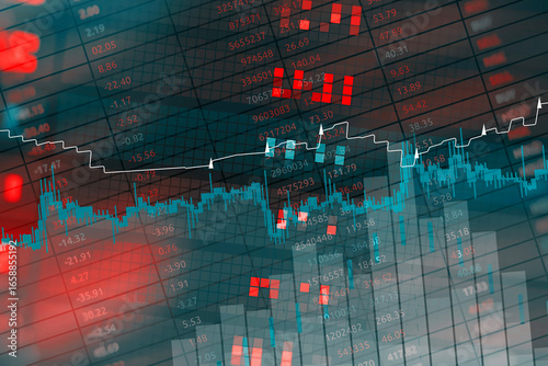 Abstract financial background with digital stock exchange data, trading charts, candlestick patterns, and futuristic technology interface. Concept market volatility, cryptocurrency trading and forex.