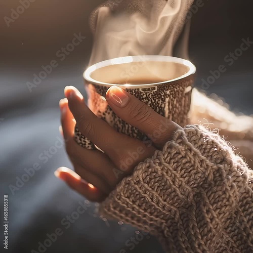 Warm hands holding a steaming ceramic mug in cozy ambiance  