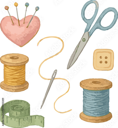 Collection of watercolor painted sewing stuff with threads, needles, scissors and more