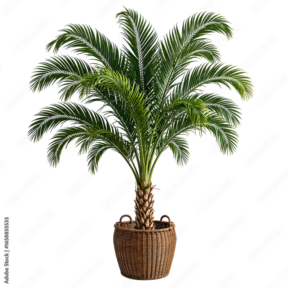 Obraz premium A majestic Areca Palm with lush fronds potted in a stylish wicker basket perfect for adding a touch of nature to any decor, isolated