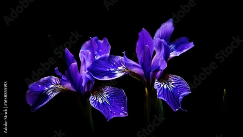 Two Vivid Blue Iris Flowers on a Dark Background