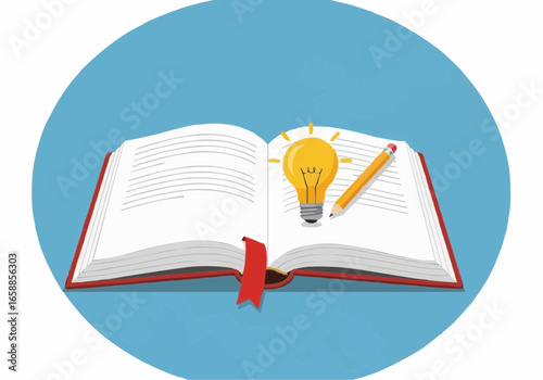 Open Book with Glowing Light Bulb and Pencil Symbolizing Knowledge, Ideas, and Learning on a Blue Background