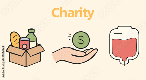 Charity donation icons – food box, money giving, and blood donation illustration