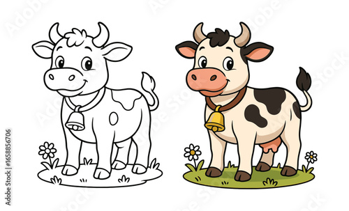 Cute cartoon cow duo in color and outline with pasture and flowers