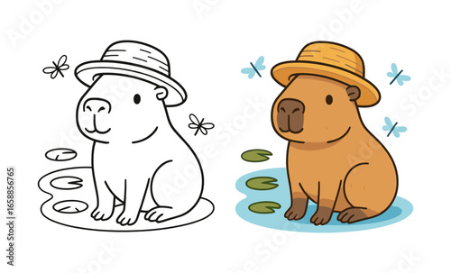 Cute capybara in hat with butterflies and lilies in both colorful and outline styles
