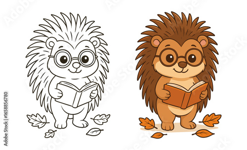 Cute hedgehog reading book in color and outline style with autumn leaves