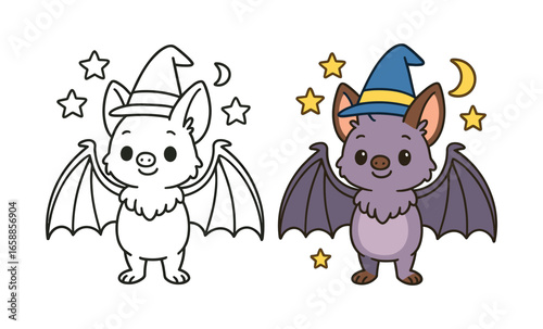 Cute halloween bats with witch hats and stars for kids' coloring and crafts
