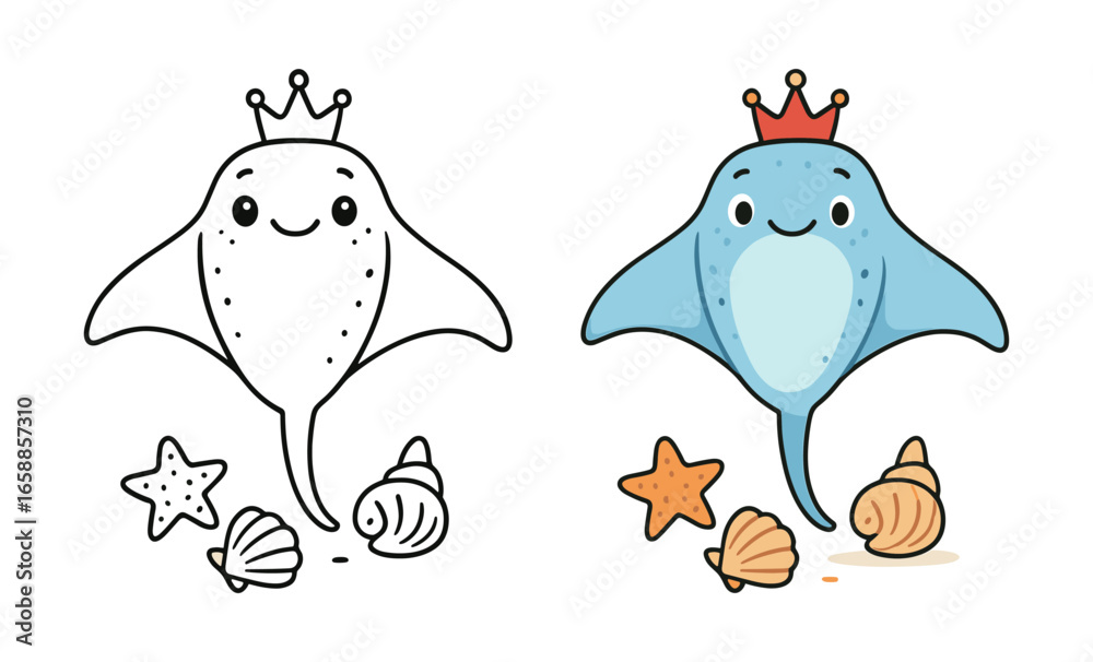Fototapeta premium Cute cartoon manta ray with crown and seashells in color and outline versions