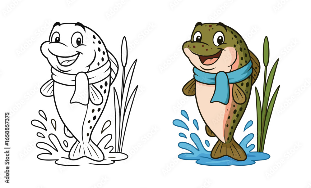 Fototapeta premium Cheerful cartoon fish with scarf in black and white and color versions