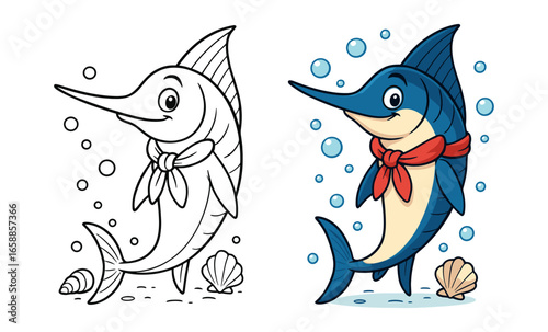 Charming swordfish cartoon with outline and colorful variation for kids